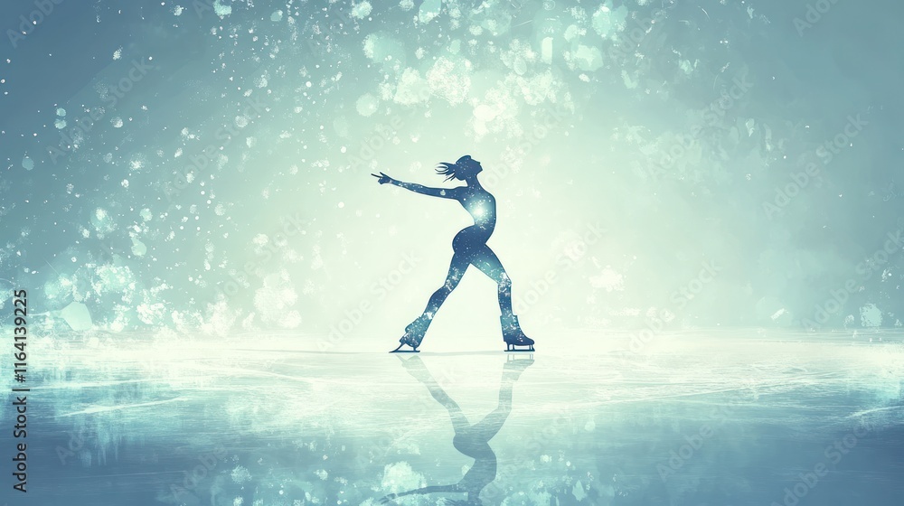 Naklejka premium Ice skater silhouette on frozen lake with snowfall.