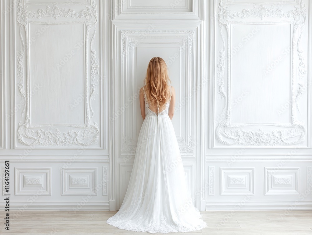 Fototapeta premium Bride in White Wedding Dress, Back View, Elegant Interior