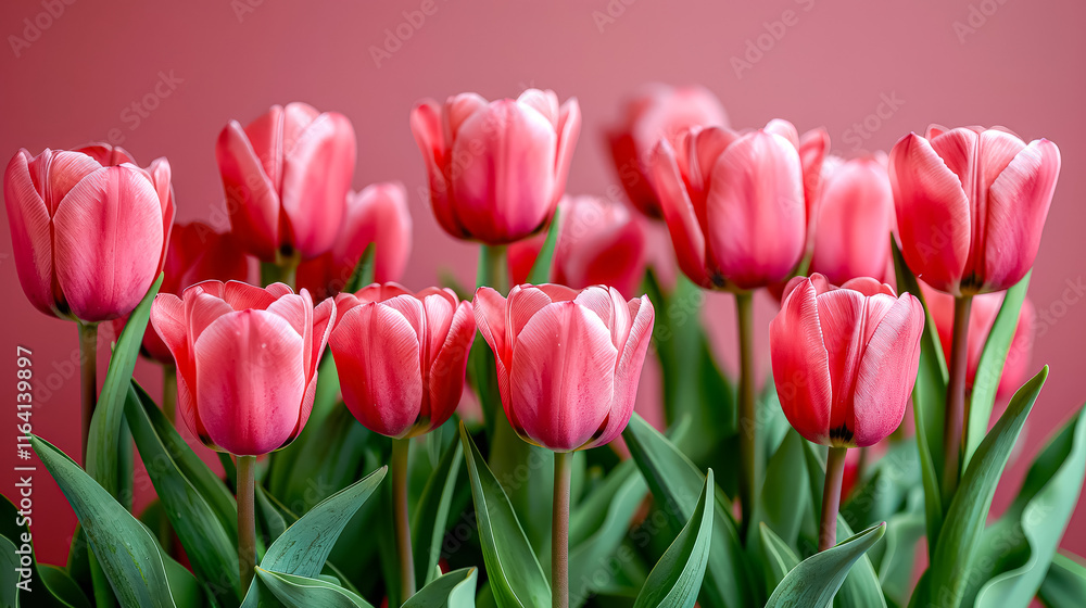 Row of pink tulips are arranged in a row on a pink background. Row of pink tulips are arranged in a row on a pink background.