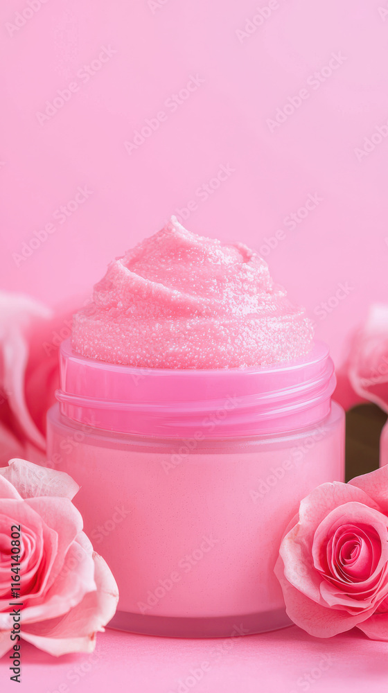Pink cosmetic cream in jar surrounded by roses, creating soft ambiance Pink cosmetic cream in jar surrounded by roses, creating soft ambiance
