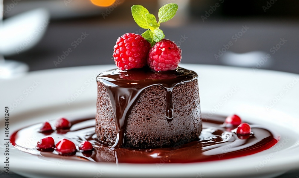 Decadent chocolate mousse dessert with raspberries and sauce. Decadent chocolate mousse dessert with raspberries and sauce.
