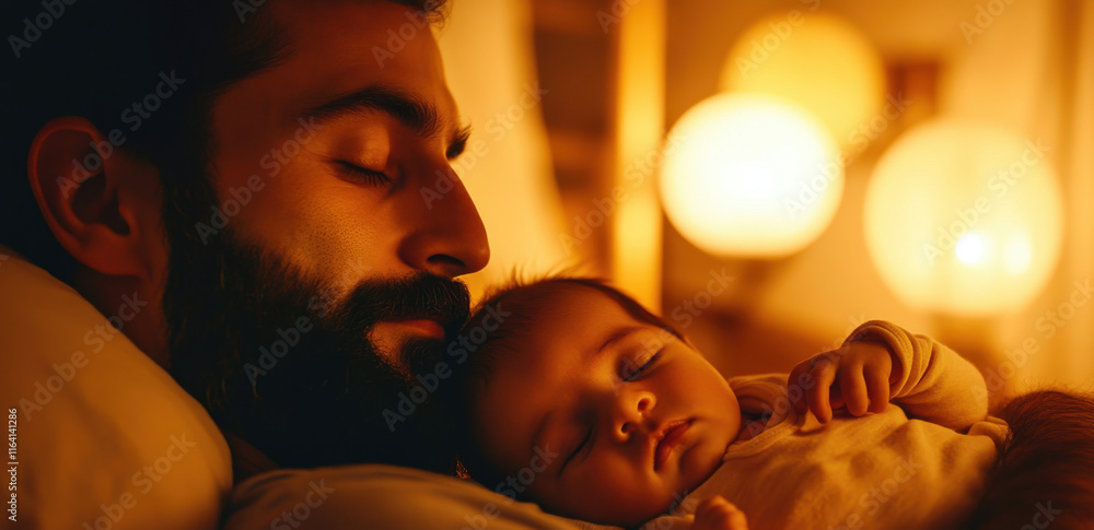 A father lies in bed, gently cradling his sleeping baby, surrounded by soft, warm lighting. The quiet atmosphere reflects a tender moment of rest and bonding. A father lies in bed, gently cradling his sleeping baby, surrounded by soft, warm lighting. The quiet atmosphere reflects a tender moment of rest and bonding.