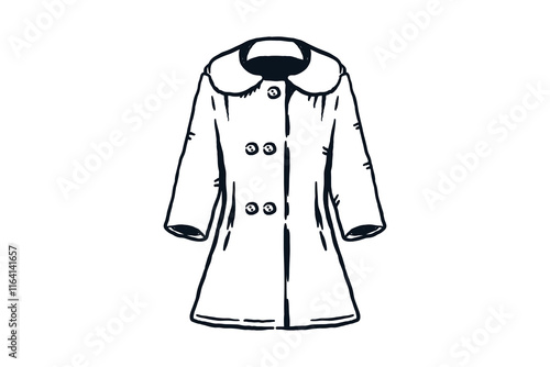 Woman slim coat for winter, women jacket dress fashion, hand drawn line sketch vector illustration