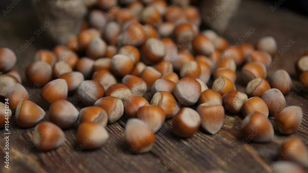 Hazelnuts close-up. Nuts in the shell fall and roll. Product for sweet desserts. Hazelnuts close-up. Nuts in the shell fall and roll. Product for sweet desserts.