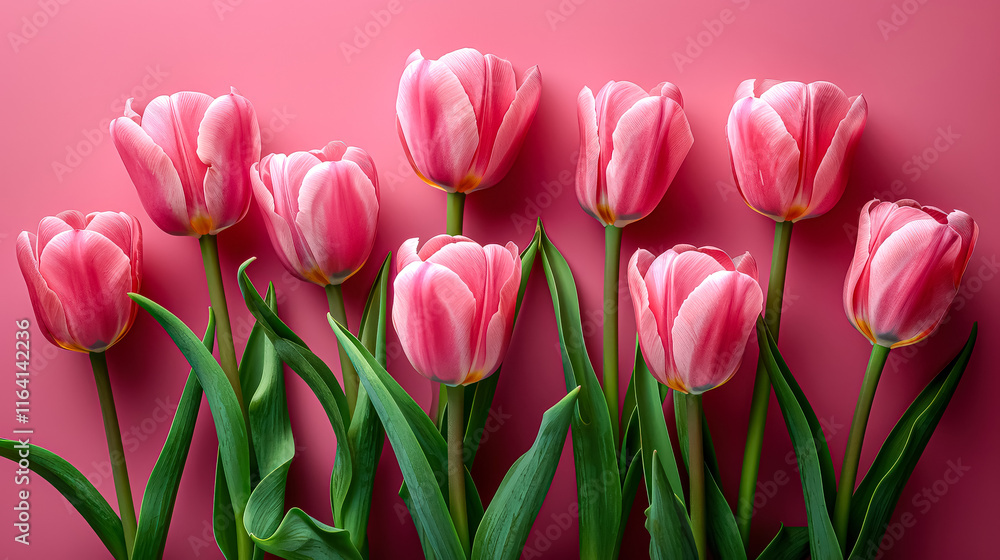 Obraz premium Row of pink tulips are arranged in a row on a pink background