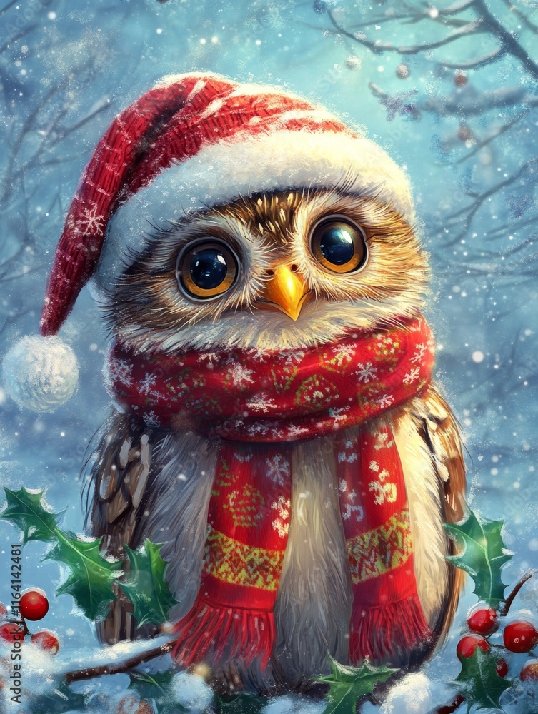 Cute Owl in Santa Hat and Scarf in Snowy Winter Scene Cute Owl in Santa Hat and Scarf in Snowy Winter Scene
