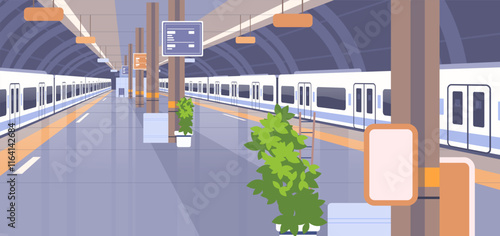 Modern subway train station no people. Metro platform perspective view vector illustration