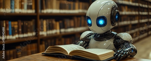 In the serene library, a robot engrossed in a book signifies the convergence of technology and scholarly pursuits