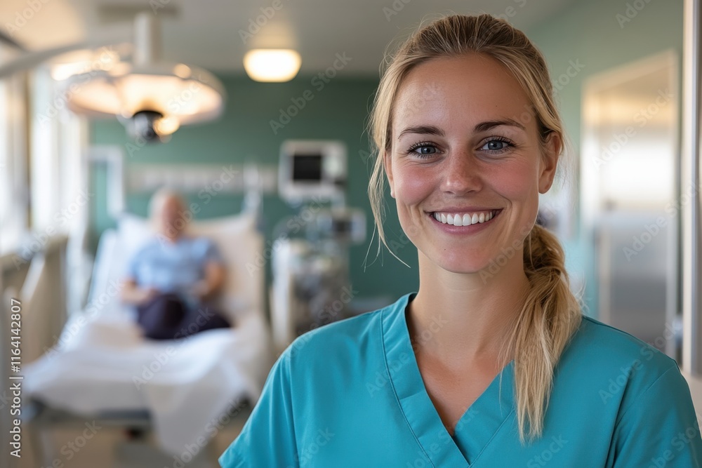 Fototapeta premium A cheerful nurse standing in a hospital room, exuding compassion and professionalism, symbolizes care, dedication, and the vital role healthcare professionals play in society.