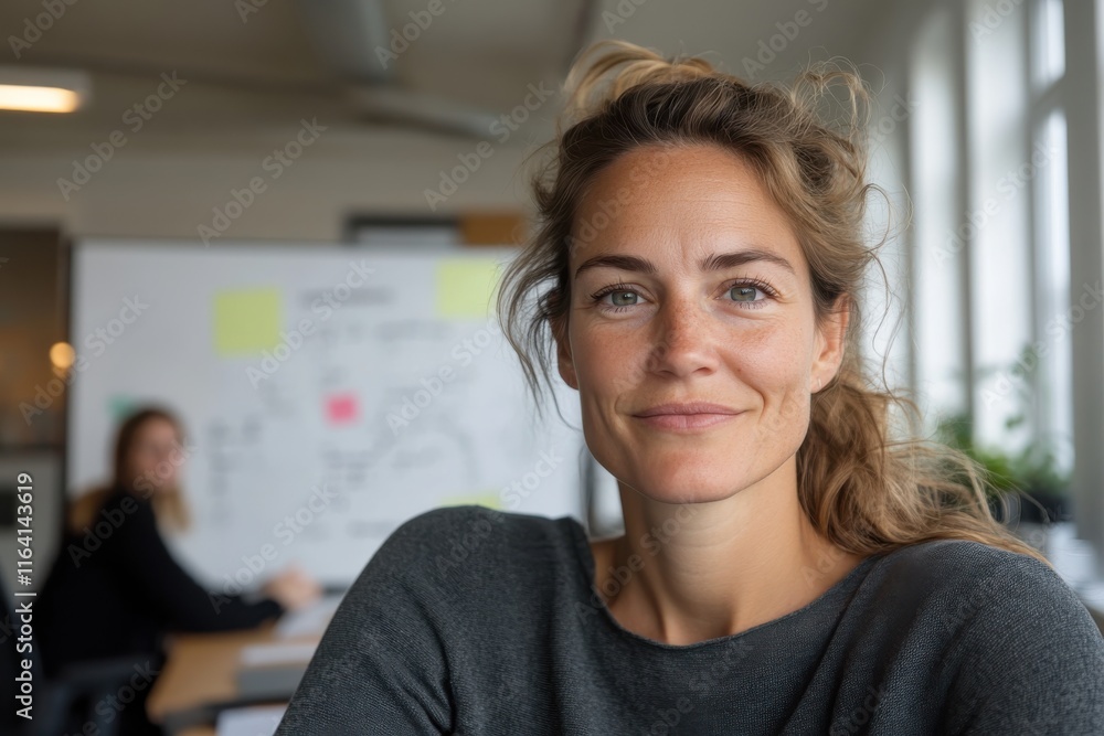 A friendly woman with curly hair smiles confidently in a bright, modern office, embodying positivity and approachability in a collaborative work setting. A friendly woman with curly hair smiles confidently in a bright, modern office, embodying positivity and approachability in a collaborative work setting.