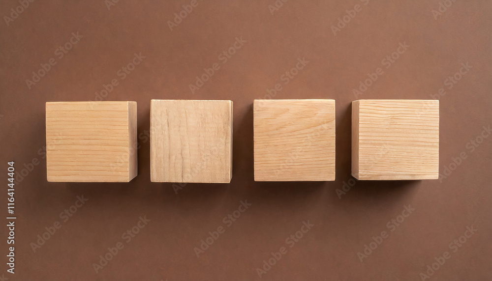 4 wooden cubes on brown backdrop. Wood blocks. Flat lay. Place for adding text or design. Mock-up. 4 wooden cubes on brown backdrop. Wood blocks. Flat lay. Place for adding text or design. Mock-up.