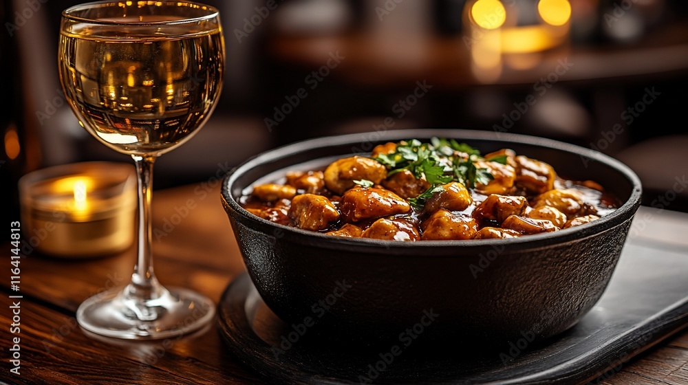 Delicious stew with mushrooms in a rustic bowl, served with white wine.