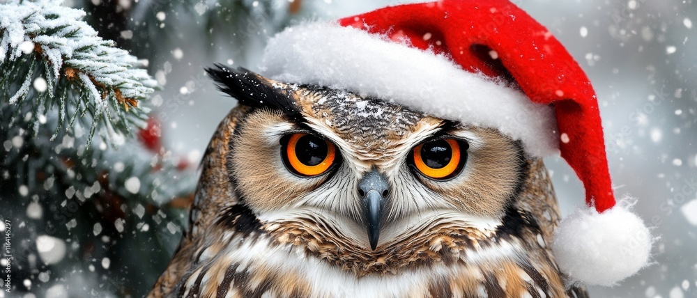 Owl in Santa Hat, Winter Wonderland Owl in Santa Hat, Winter Wonderland