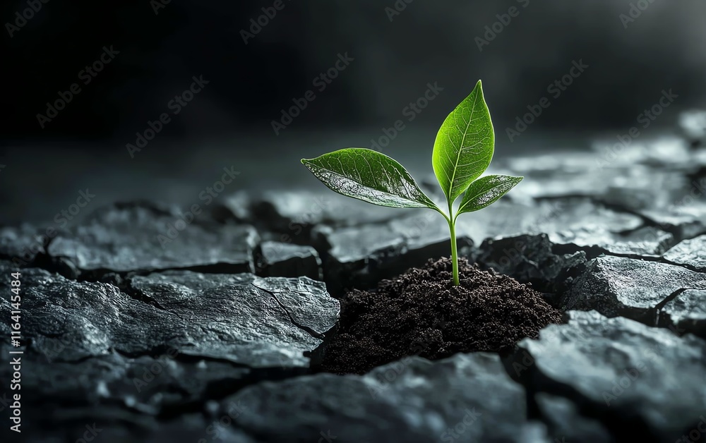 A solitary green sprout pushing through shattered earth, representing resilience in the face of environmental challenges, set against a desolate, cracked landscape A solitary green sprout pushing through shattered earth, representing resilience in the face of environmental challenges, set against a desolate, cracked landscape