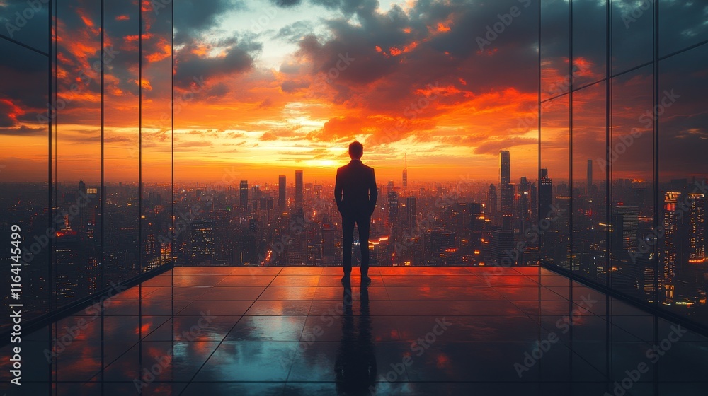 Fototapeta premium Businessman silhouetted against a vibrant cityscape sunset viewed from a skyscraper.