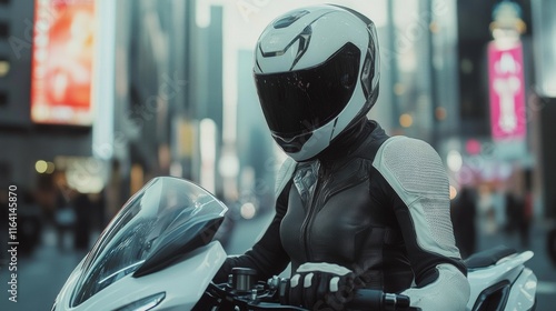 man on motorcycle with helmet and vest photo