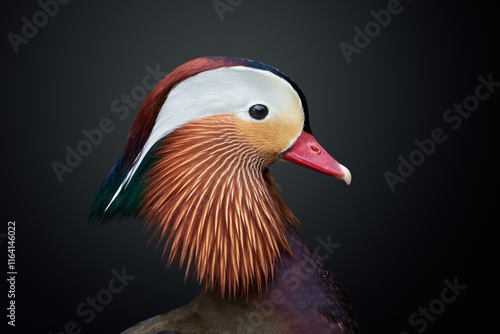 Striking mandarin duck profile with vivid coloration. Symbol of aquatic beauty, exotic flair, and ornamental avian grace.	
