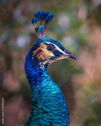 Regal peacock portrait with ornate crest and shimmering blue-green plumage. Highlights graceful posture and natural splendor.