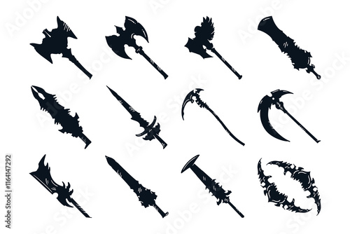 Collection of Medieval weapon for fantasy game UI and assets, icon doodle cartoon vector illustration