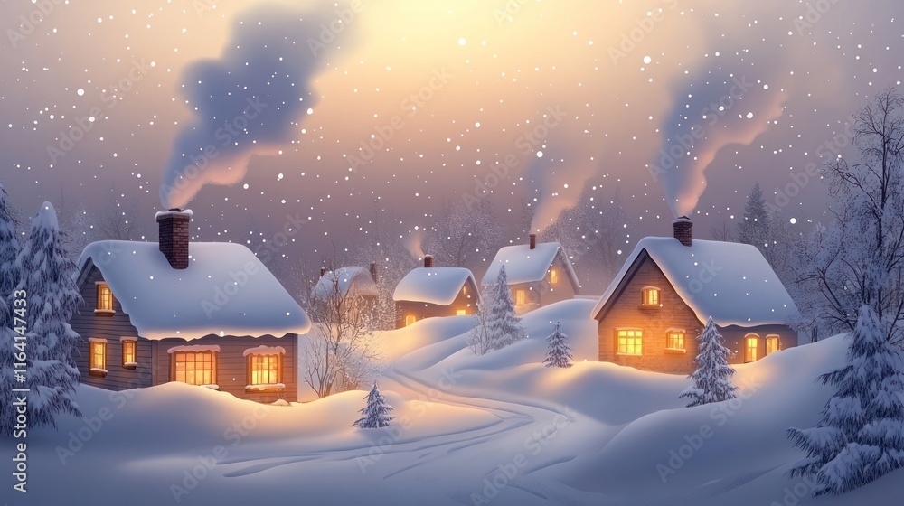 Cozy snow-covered village at sunset with warm lights. Cozy snow-covered village at sunset with warm lights.