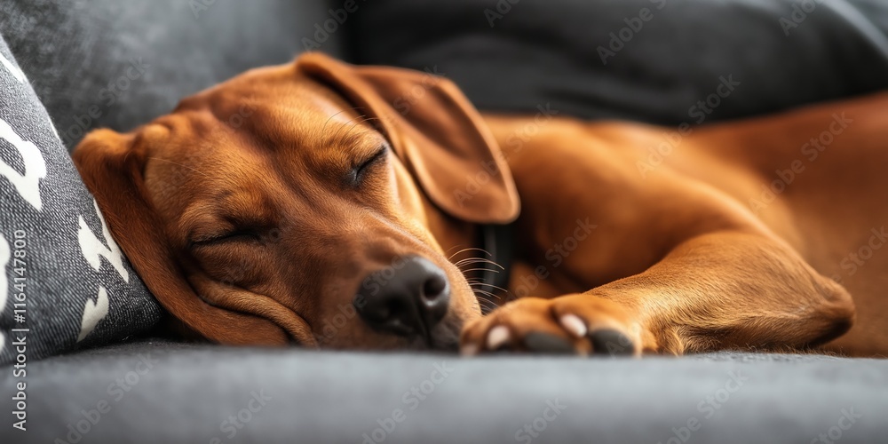 A peaceful brown dog sleeping on a cozy couch, exuding calm. A peaceful brown dog sleeping on a cozy couch, exuding calm.
