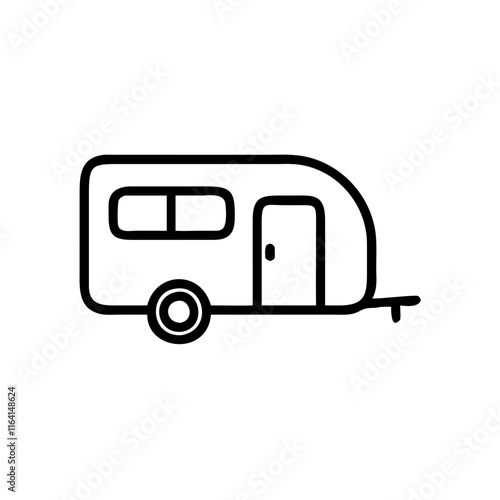 Black camper trailer icon in simple line art style