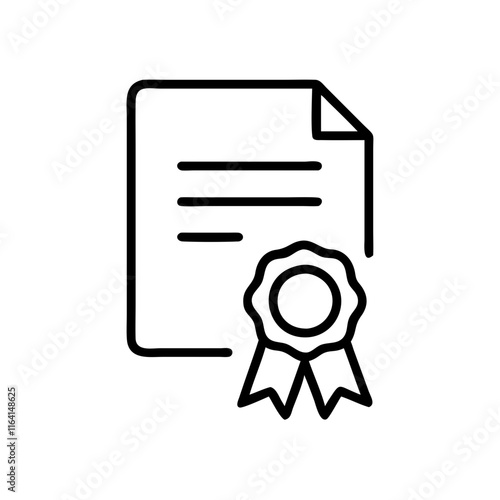 Black certificate icon with ribbon in simple line art style