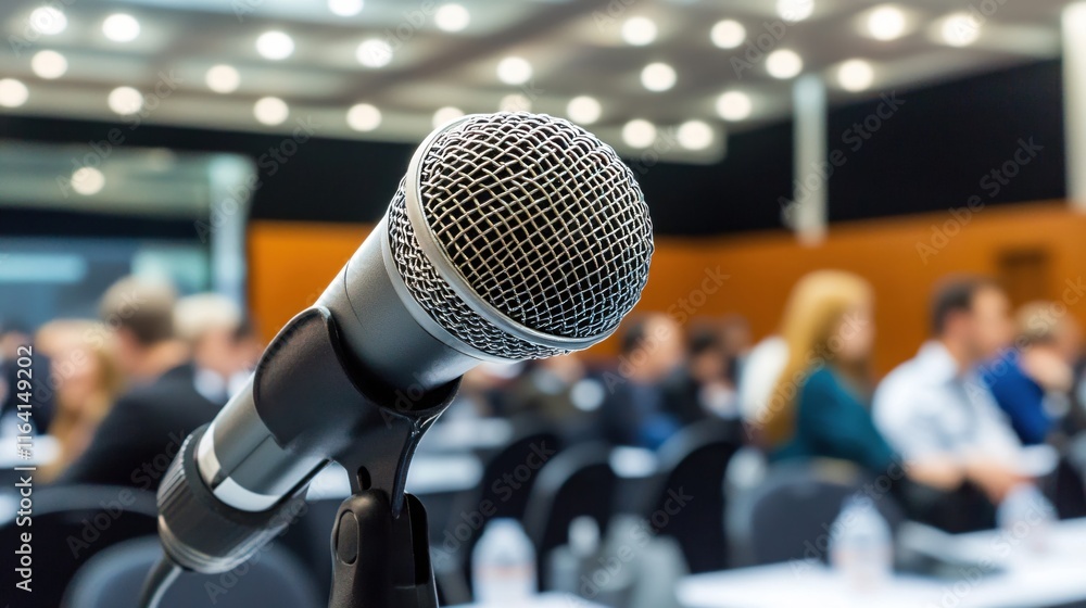 Close-Up of a Microphone Ready for Public Speaking in a Conference Setting Close-Up of a Microphone Ready for Public Speaking in a Conference Setting