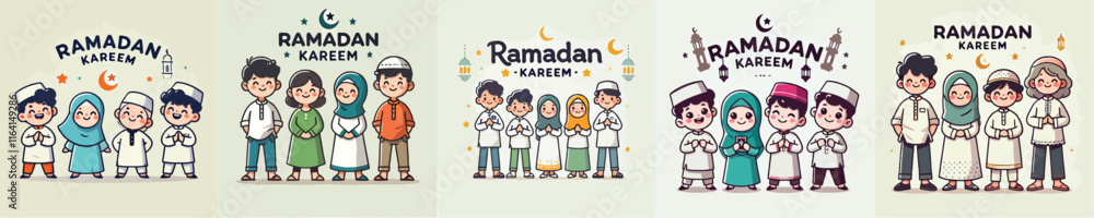 set Vector Illustration Of Muslim Kids Celebrating Ramadan in flat design style set Vector Illustration Of Muslim Kids Celebrating Ramadan in flat design style