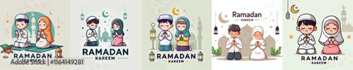 set Vector Illustration Of Muslim Kids Celebrating Ramadan in flat design style