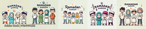 set Vector Illustration Of Muslim Kids Celebrating Ramadan in flat design style