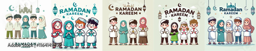 set Vector Illustration Of Muslim Kids Celebrating Ramadan in flat design style
