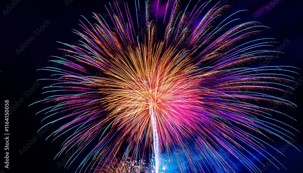 Obraz premium A colorful burst of fireworks in the night sky, lighting up the surrounding darkness with brilliance.