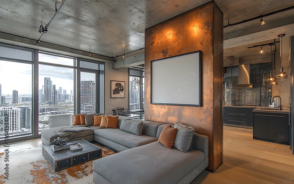 Fototapeta premium Modern apartment living room with city view, copper wall feature, and sectional sofa.