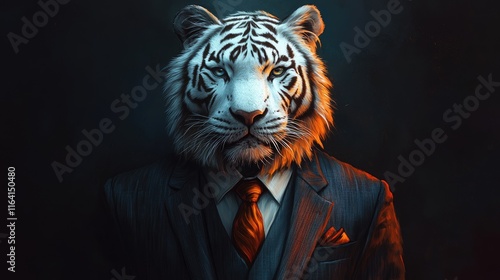 A surreal depiction of a tiger in a suit, blending animal and business themes. photo