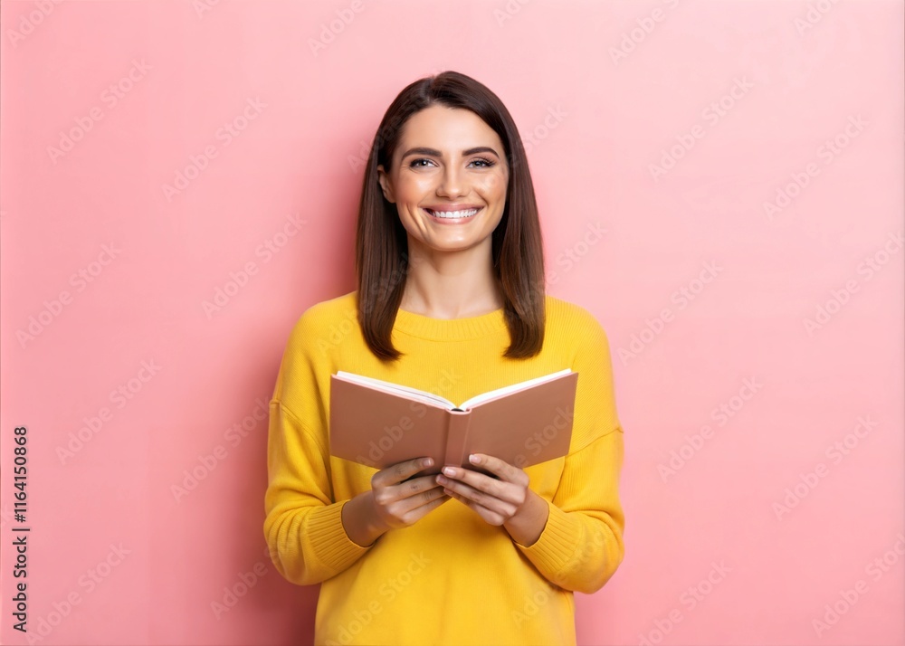 Smiling Young Brunette Woman Reading a Book – Studio Portrait with Pink Background. Smiling Young Brunette Woman Reading a Book – Studio Portrait with Pink Background.