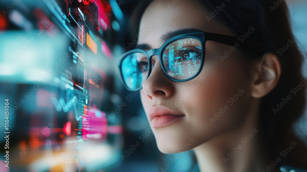 A focused woman with glasses gazes at digital data streams, embodying innovation and technology in a futuristic setting. A focused woman with glasses gazes at digital data streams, embodying innovation and technology in a futuristic setting.