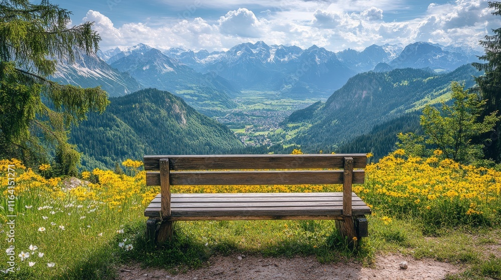 Scenic view from a wooden bench overlooking mountains and wildflowers in a valley in summer Scenic view from a wooden bench overlooking mountains and wildflowers in a valley in summer