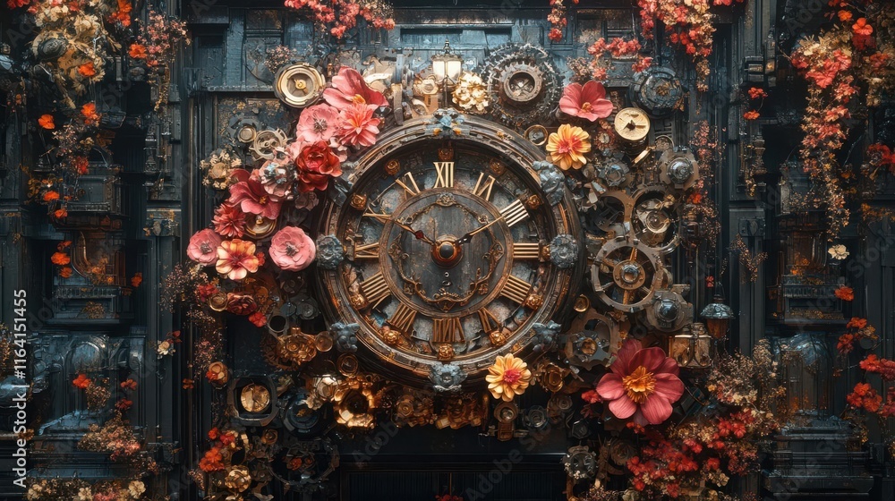 Fototapeta premium Design an elegant steampunk clock blending flowers and gears Unveil the intricate link between time, health, and fulfillment