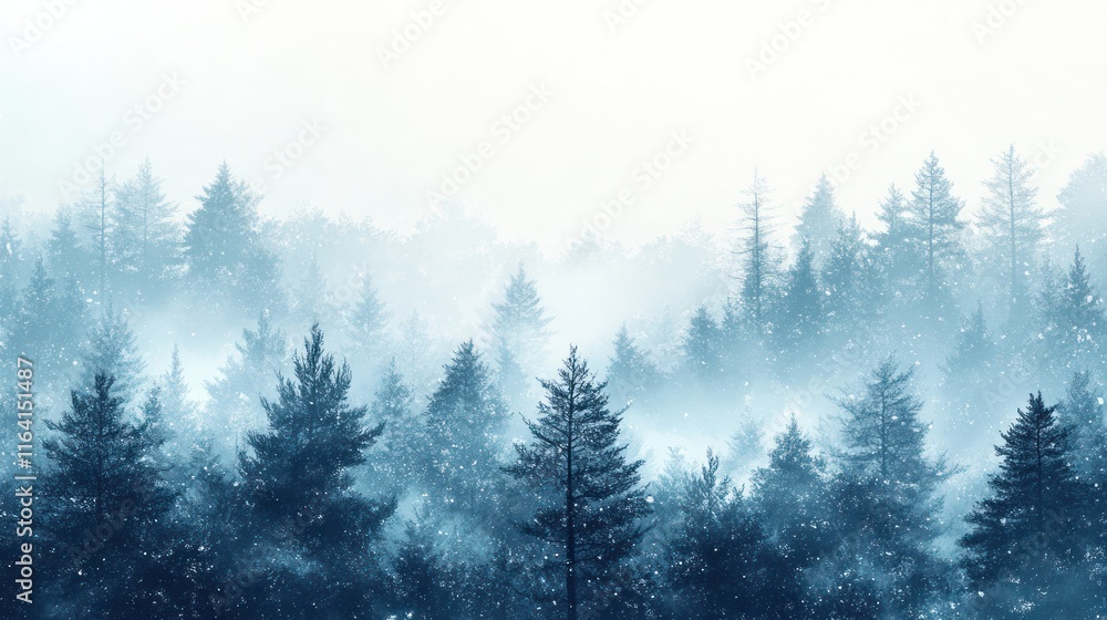 Obraz premium Misty winter forest scene with snow falling.