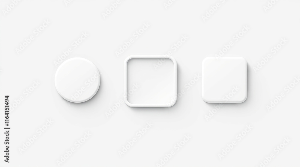 White 3D buttons, circle and square. Minimalist UI design elements. White 3D buttons, circle and square. Minimalist UI design elements.