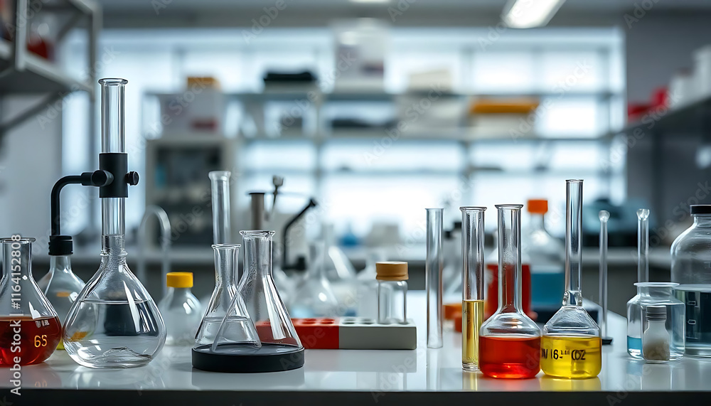 Laboratory Workbench with Scientific Glassware in a Sterile Environment, modern scientific setting, scientific research and experimentation, created with generative ai Laboratory Workbench with Scientific Glassware in a Sterile Environment, modern scientific setting, scientific research and experimentation, created with generative ai