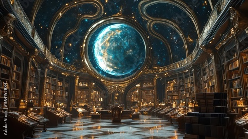 Explore the cosmic librarys infinite wisdom, in deep blues and gold hues photo