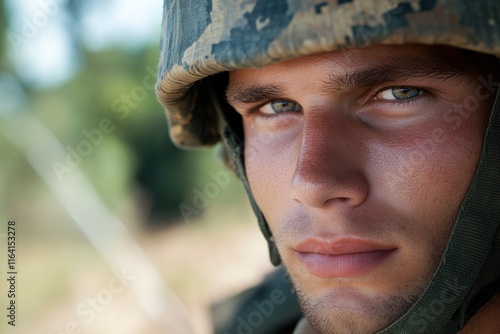 A close-up portrait of a soldier that highlights his strong features and intense gaze, representing the dedication and valor of military individuals in demanding environments. photo