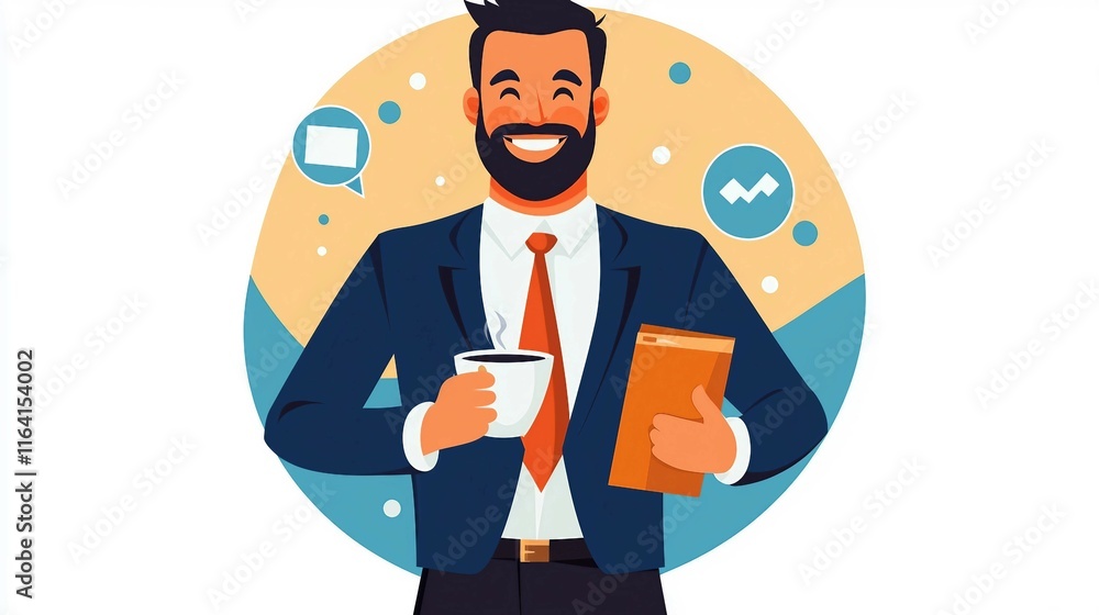 Smiling Businessman Holding Coffee Cup and Notebook in Office Setting Smiling Businessman Holding Coffee Cup and Notebook in Office Setting