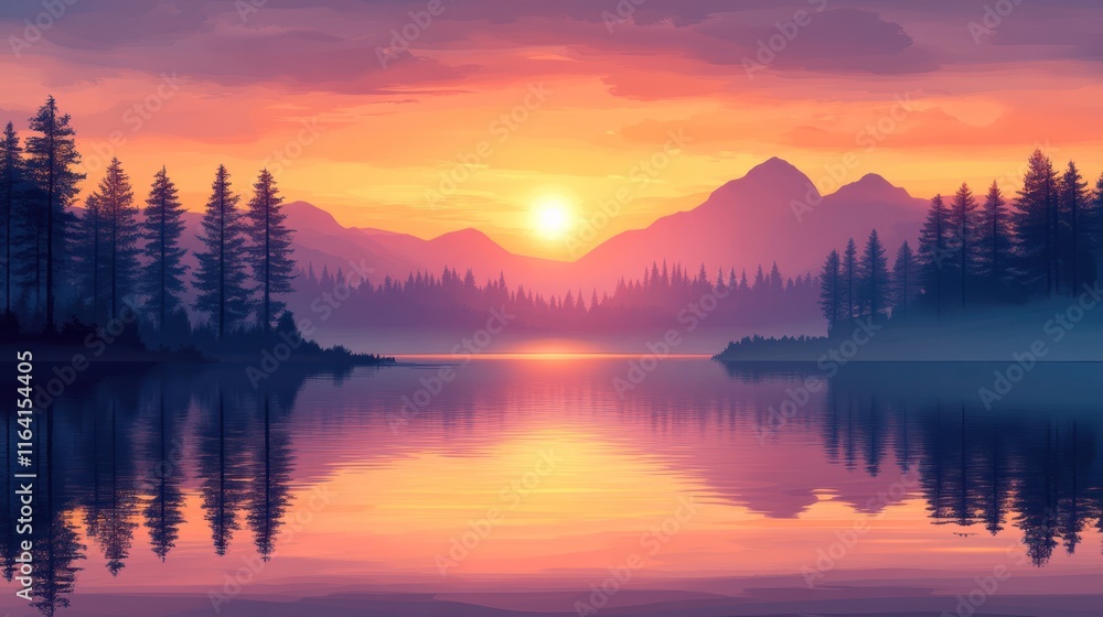 Fototapeta premium Serene sunset over calm lake and majestic mountains, reflected in still water.