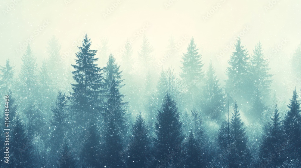 Fototapeta premium Misty winter forest with snowfall.