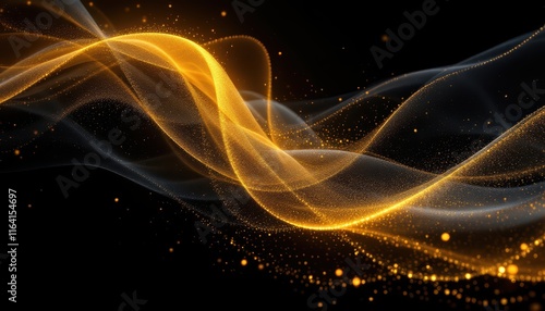 Abstract Golden Waves of Light: A Sparkling Digital Art Piece Depicting Flowing Energy and Celestial Luminescence, with a Dark Background and Glimmering Particles