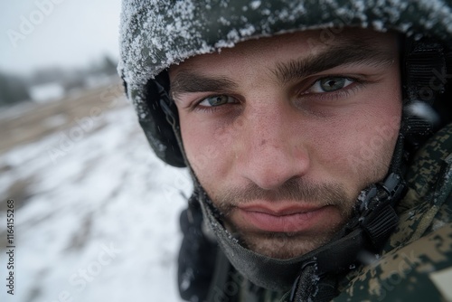 This image features a close-up of a soldier in winter conditions, capturing the cold, focus, and emotional depth in his eyes, a testament to human perseverance and courage. photo