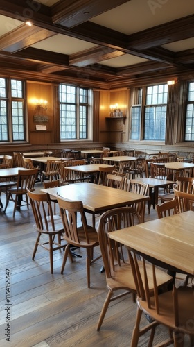 Cozy dining area with wooden tables and chairs in a well-lit restaurant setting